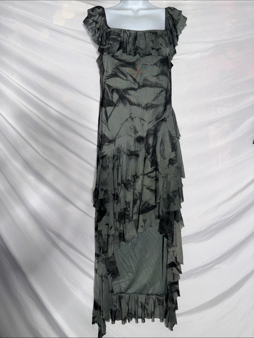 One of a kind Hand dyed Fashion Nova Olive Green Asymmetrical Ruffle Maxi Dress